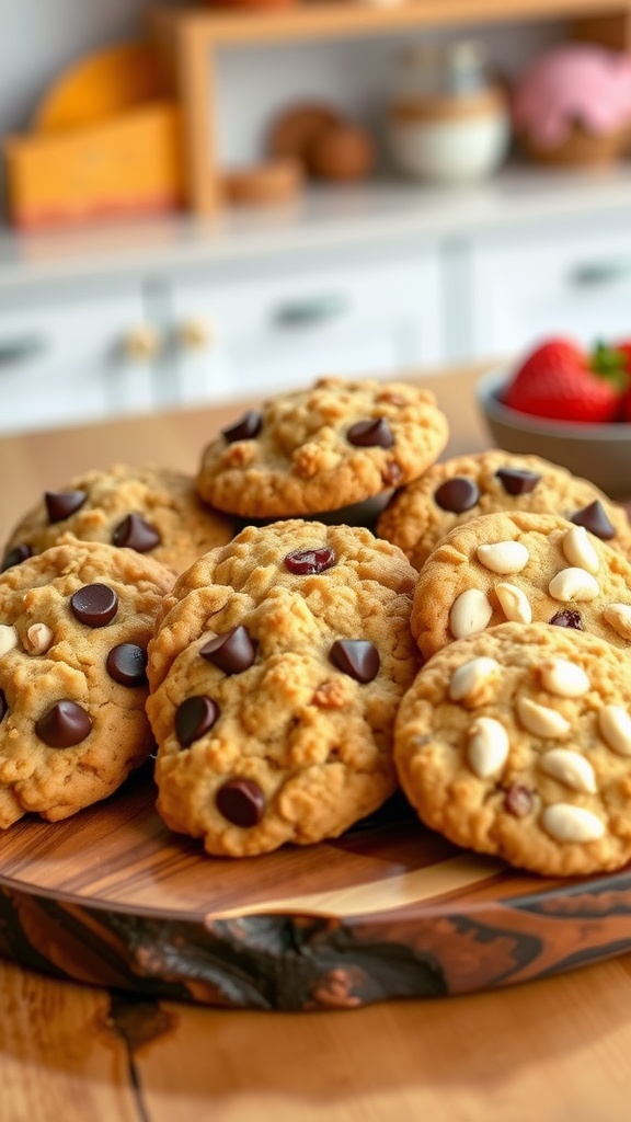 Versatile Cookie Dough: 5 Unique Cookies from One Base Assorted cookies including chocolate chip, oatmeal raisin, peanut butter, snickerdoodle, and white chocolate macadamia nut on a wooden platter.